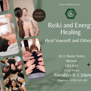 An image describing the reiki sessions, on tuesdays at 6pm-7.30pm, £7 per person