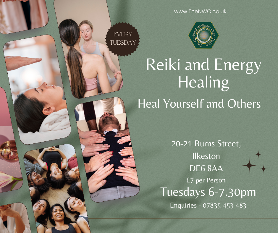 An image describing the reiki sessions, on tuesdays at 6pm-7.30pm, £7 per person